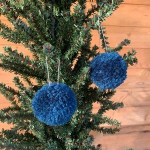 Set of 2 Teal Sparkly Pom Pom Ornaments